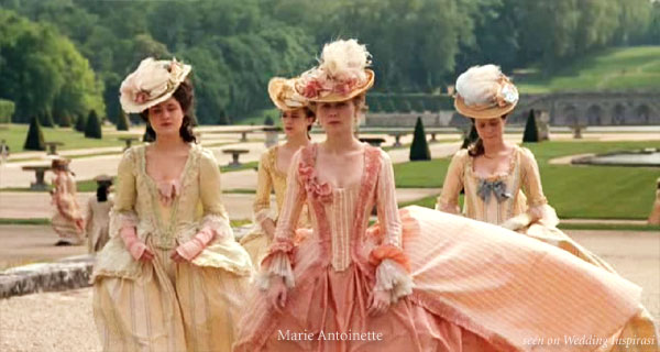 Marie Antoinette inspired costumes for pastel wedding theme 