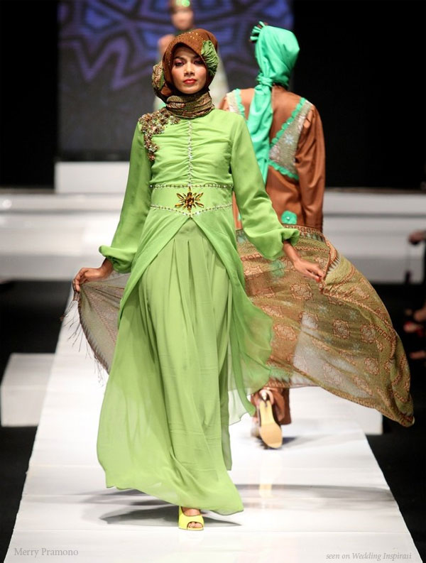 Yellow green wedding gown for a hijabi or modest bride by Merry Pramono