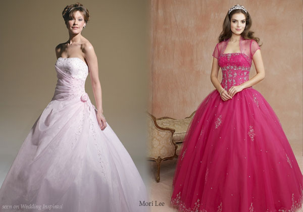 Baby rose and hot pink Quinceanera or prom dresses by Mori Lee used as wedding dress