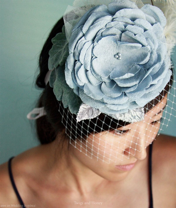 Oversized flower adn birdcage wedding veil and hair accessories from Twigs and Honey