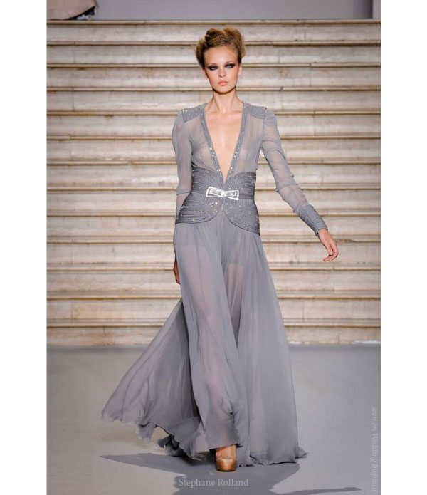 Embroidered evening dress in gray pearl crepe georgette by Stephane Rolland