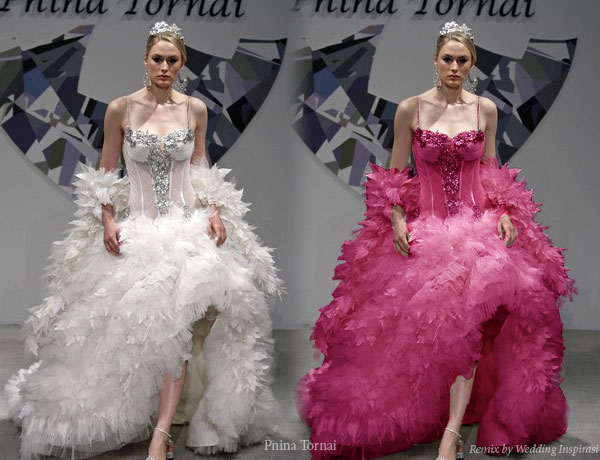 Over the top feather ball gown silhouette by Pnina Tornai. Cerise pink remix by Wedding Inspirasi