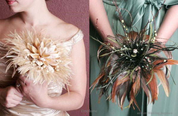 Champagne gold and emerald green and brown feather bouquet from Emplume