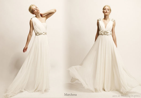 Roman toga, greek goddess inspired wedding gowns and evening dresses from Marchesa