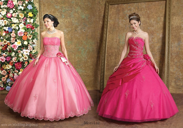 Cute deep cerise and salmon pink prom or quince dresses from Mori Lee Quinceanera collection