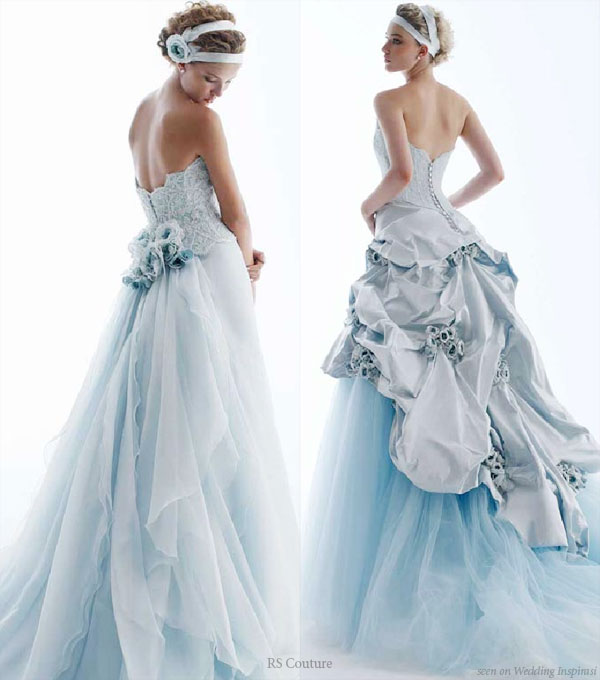 Light baby blue wedding gown with bustle detail from RS Couture by Renato Savi