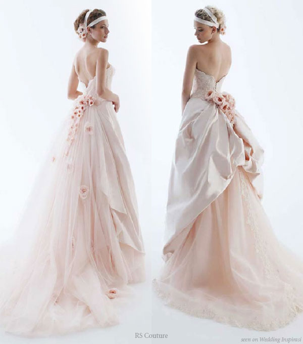 Light cotton candy pink wedding dress with rosettes from RS Couture Silver Collection by Renato Savi
