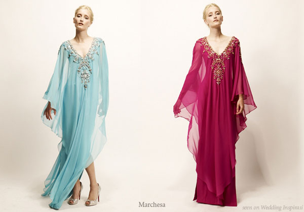 Marchesa evening wear - ruby red caftan and one in gorgeous aquamarine or light turquoise blue