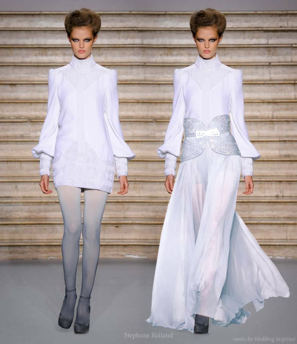 White bishop sleeve mini dress remixed into a modest wedding gown - designed by Stephane Rolland, remix by Wedding Inspirasi
