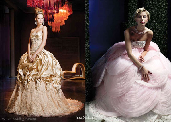 Gold bustle gown and light pink petal gown from Ysa Makino for the Princess Bride