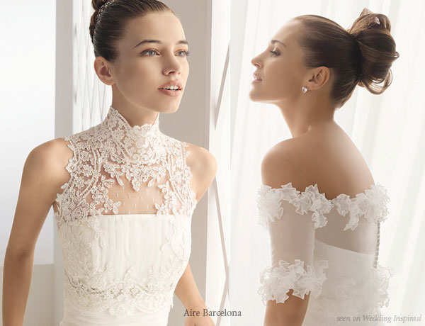 High collar, off shoulder wedding dress jacket in lace by Aire Barcelona