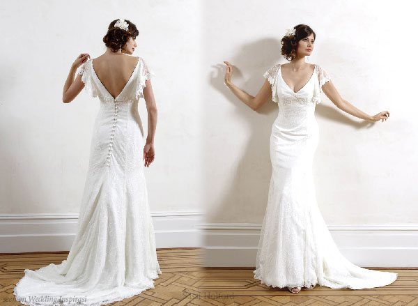 Sassi Holford wedding gown - front and back of lace batwing cap sleeve dress