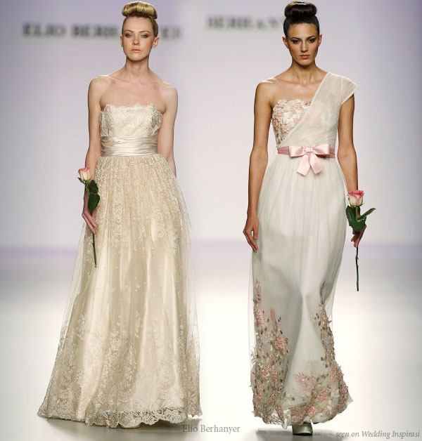 Elio Berhanyer Vestidos de Boda- one-shoulder toga wedding dress in white and pink, champagne gold strapless gown