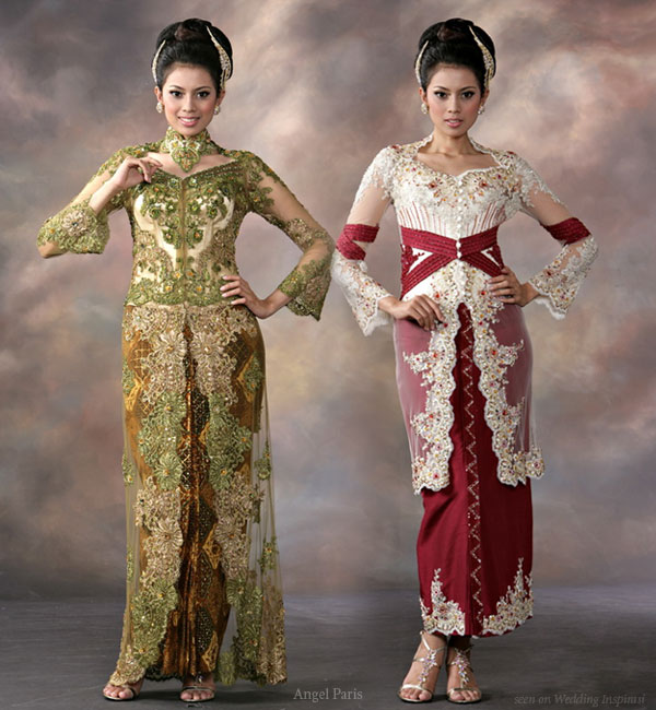 Green long traditional wedding dress, red and white indonesian malay wedding costume