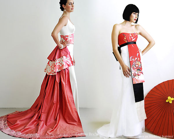 Japanese cherry blossom kimono obi sash east asian inspired red and white wedding gowns