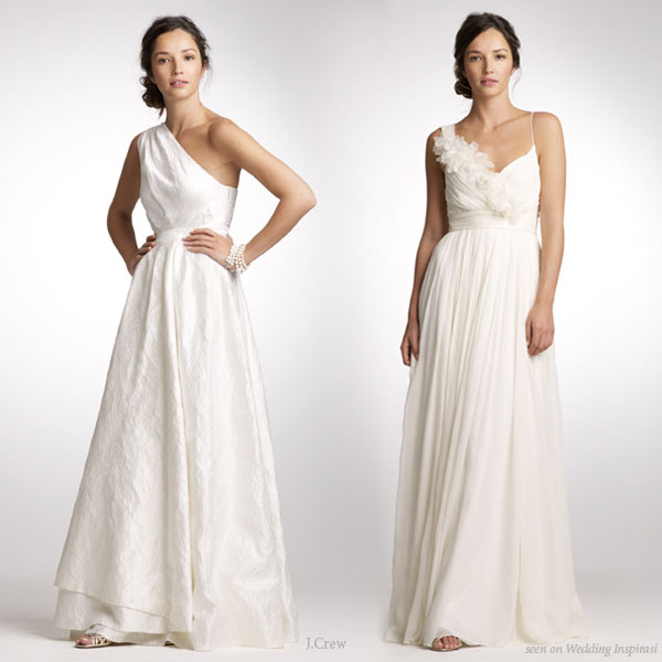 J.Crew Spring 2010 catalog white and color wedding dresses - one-shoulder toga column and a-line gowns